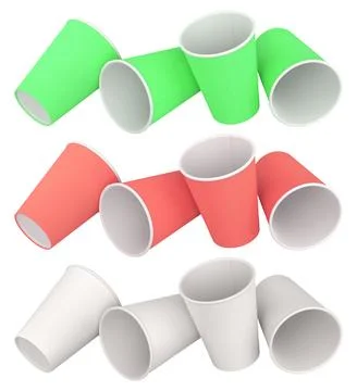 Set of disposable paper cups placed in rows, isolated on white background, co 스톡 일러스트