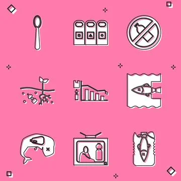 Set Disposable plastic spoon, Trash in garbage cans sorted, No bottle, Prob.. Stock Illustration
