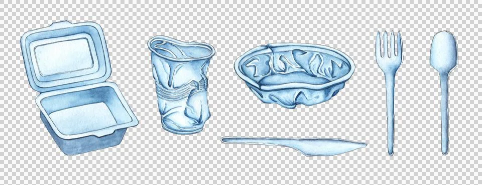 Set of disposable plastic tableware watercolor Stock Illustration