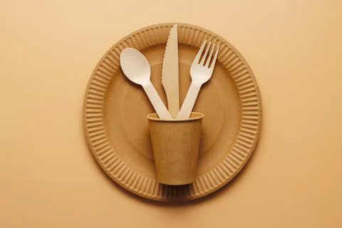 A set of disposable tableware on a brown background Foto stock