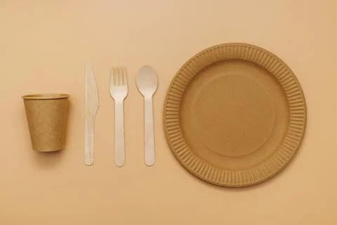 A set of disposable tableware on a brown background Stock Photos