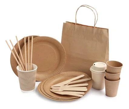 Set of disposable tableware on white background Stock Photos