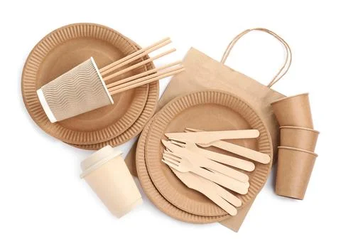 Set of disposable tableware on white background, top view Stock Photos
