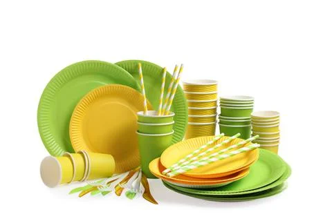 Set of disposable tableware on white background Stock Photos