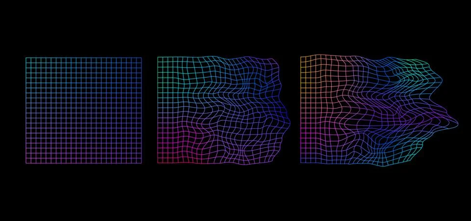 Set of distorted grid backgrounds in vaporwave or 90s style with colorful Stock Illustration