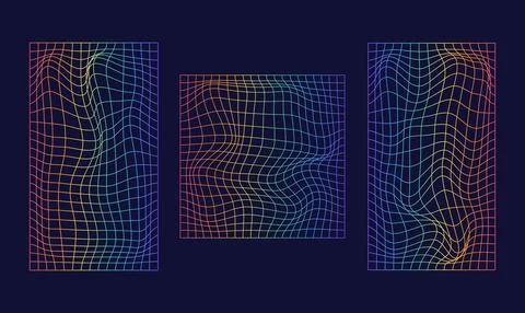 Set of distorted rainbow mesh.Retrowave, synthwave, rave, vaporwave.Trendy .. Stock Illustration