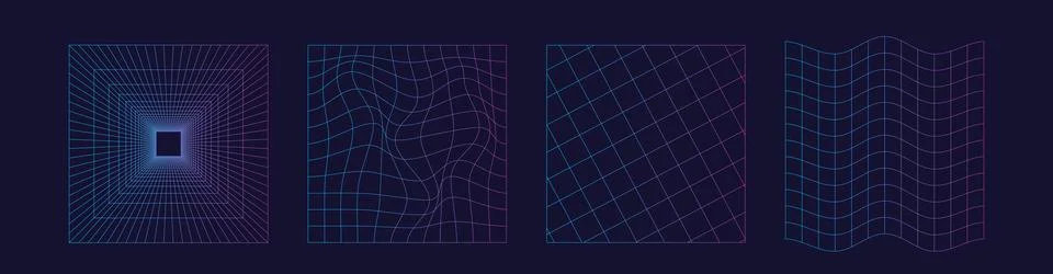 Set of distorted wireframe grid  in neon color. Retrowave, synthwave, rave... Stock-Illustration