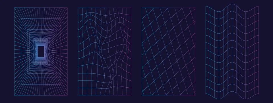 Set of distorted wireframe grid  in neon color. Retrowave, synthwave, rave... Stock-Illustration