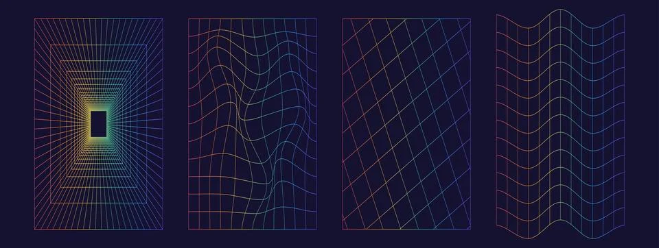 Set of distorted wireframe grid  in rainbow color. Retrowave, synthwave, ra.. Stock Illustration
