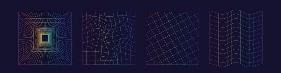 Set of distorted wireframe grid  in rainbow color. Retrowave, synthwave, ra.. 库存插图