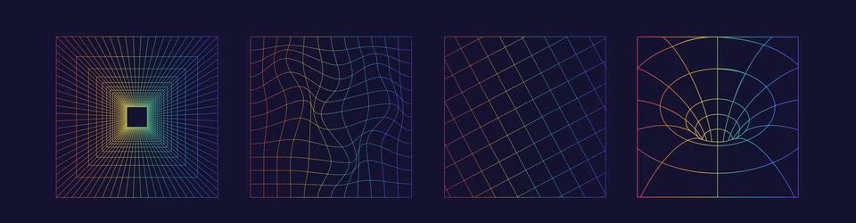 Set of distorted wireframe grid  in rainbow color. Retrowave, synthwave, ra.. Illustrazione stock