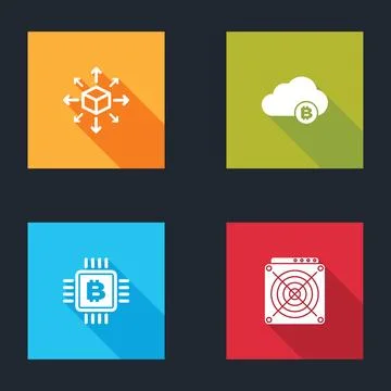 Set Distribution, Cryptocurrency cloud mining, CPU farm and ASIC Miner icon.  스톡 일러스트