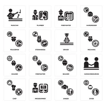 Set of Diver, Singer, Chef, Builder, Soldier, Driver, Policeman, Firefighter, 免费库存插图