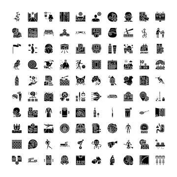 Set of diverse black solid icons displaying various concepts Stock Illustration