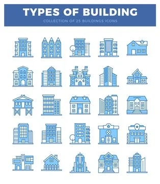 Set of diverse building icons with blue outlines on white background Ilustración de archivo