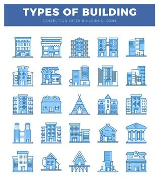 Set of diverse building icons in blue. representing various architectural s.. Ilustración de archivo