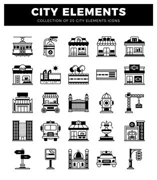 Set of diverse city element icons for urban planning and design. Ilustración de archivo