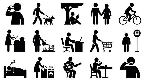 Set of diverse daily human activity silhouette icons for modern graphic design Stock Illustration