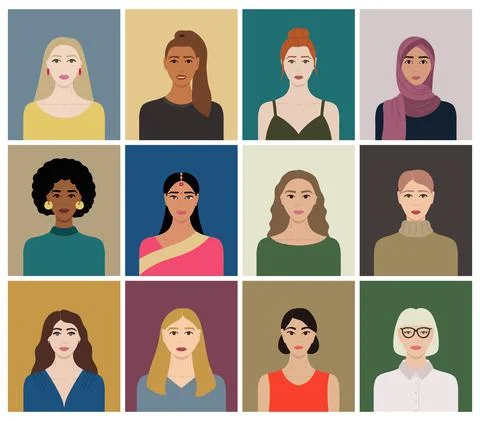 Set of diverse female faces with different ethnics, skin colors, hairstyles.  Stock Illustration