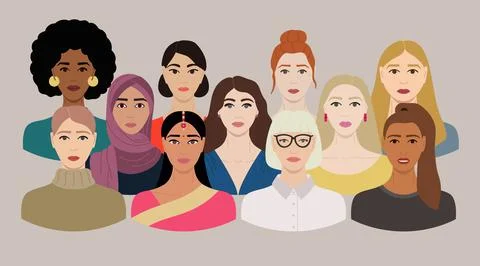 Set of diverse female faces with different ethnics, skin colors, hairstyles.  Stock Illustration