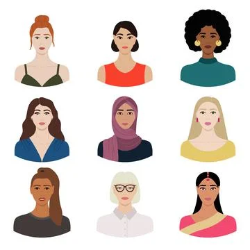 Set of diverse female faces with different ethnics, skin colors, hairstyles.  Stock Illustration