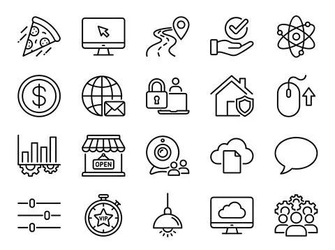 Set of diverse flat line icons representing technology, business, and lifes.. Stock Illustration