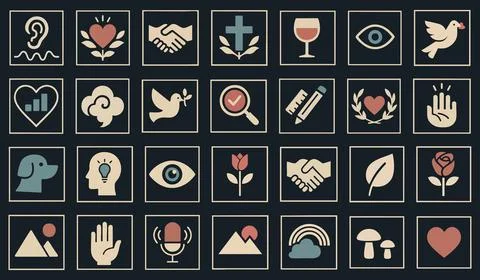 Set of diverse flat square icons with various symbols isolated on white backg Stock Illustration