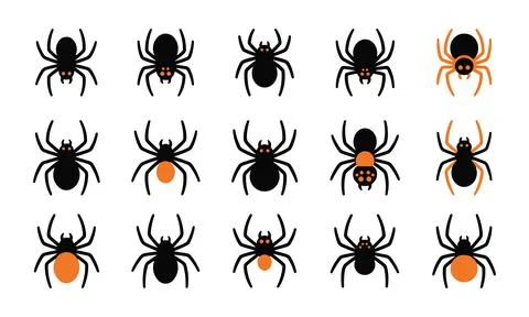 Set of diverse flat vector spider icons for Halloween graphic design projects Stock Illustration