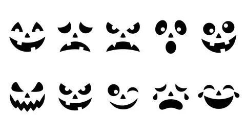Set of diverse halloween pumpkin faces and spooky expressions for carving. Stock Illustration