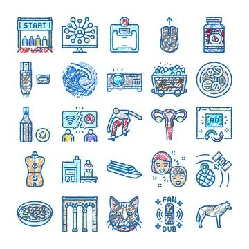 Set of diverse hand drawn doodle icons and symbols Stock Illustration