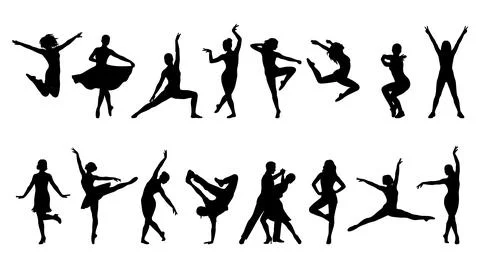 Set of diverse human silhouettes performing various energetic dance moves Stock Illustration