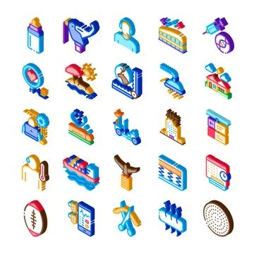 Set of diverse isometric icons representing various concepts Stock Illustration
