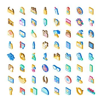 Set of diverse isometric icons representing various concepts Stock Illustration