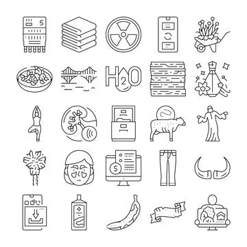 Set of diverse line icons representing various objects and concepts Ilustración de archivo