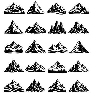 Set of diverse mountain peak illustrations and alpine landscape silhouettes.. Stock Illustration
