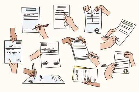 Set of diverse people hands put signature close contract or make agreement. Illustrazione stock