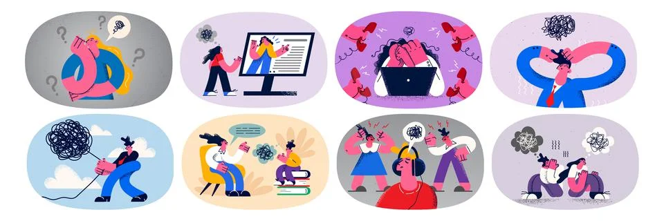 Set of diverse people with mess in head find solution Stock Illustration