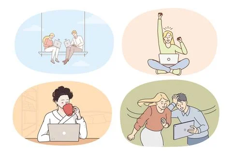 Set of diverse people use computers 스톡 일러스트