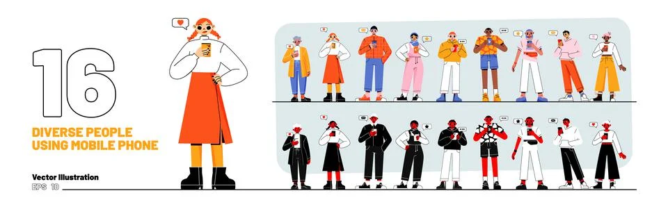 Set of diverse people using mobile phones, vector イラスト素材