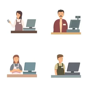 Set of diverse retail workers performing job duties Illustrazione stock