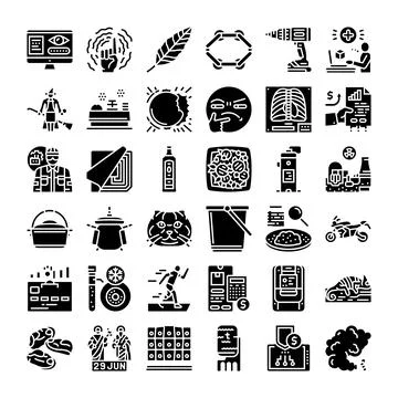 Set of diverse solid glyph icons illustrating abstract concepts Stock Illustration