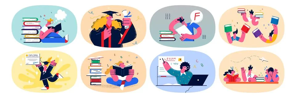 Set of diverse students learn study online on computer Stock Illustration