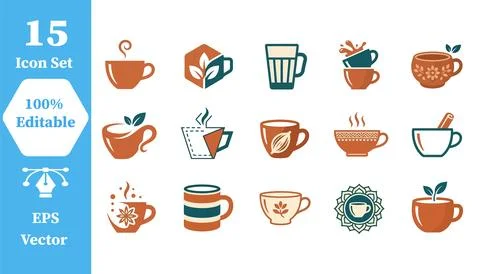 Set of diverse tea and coffee beverage icons with beverage caffeine cinnamon Stock Illustration