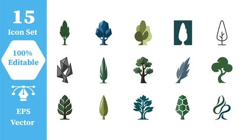 Set of diverse tree icons with environment illustration woodland seasonal Stock Illustration