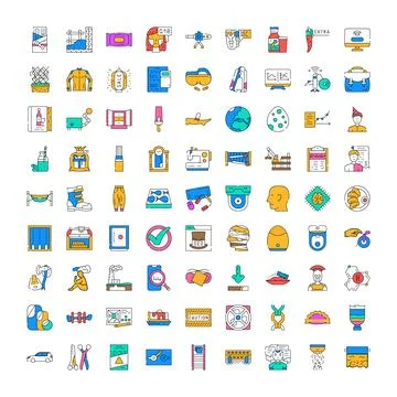 Set of diverse vector flat line icons presenting various concepts Ilustração Stock