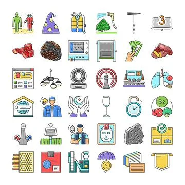 Set of diverse vector flat line icons collecting various concepts Stock Illustration