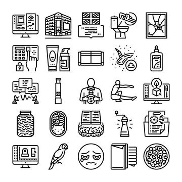 Set of diverse vector line art icons depicting various concepts Ilustración de archivo