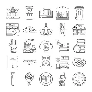 Set of diverse vector line icons illustrating various concepts Stock Illustration
