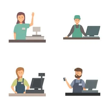 Set of diverse workers at retail checkouts Illustrazione stock