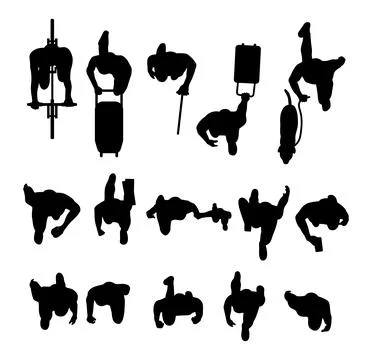 Set of diversity people walking top view in city silhouette. Illustrazione stock